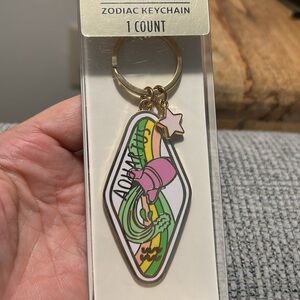 Aquarius Zodiac Keychain goldtone with Star Charm NEW metal enamel